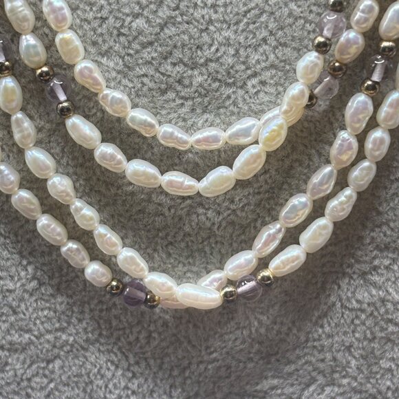 Two Separate Strands Seed Pearl Necklace Amethyst & Gold-Tone Beads 21” Doubled - Picture 2 of 8